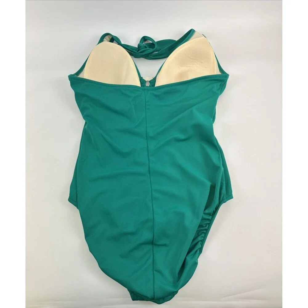 Lands End One Piece Swimsuit Green Halter Tie Neck Ring‎ V-Neck Beach Plus 18